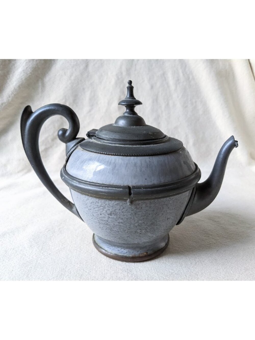 Small Grey Graniteware Pewter-Trimmed Teapot Enamel Ware